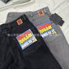 Mens Straight Fit Denim Skate Pants Water Washed Grey Embroidered Boy Letter Micro Stretch Cotton