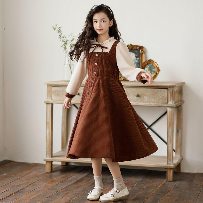 European Cotton Girls' Plush Dress: Fleece-Lined Faux Two-Piece for Medium & Large Children (Autumn/Winter)