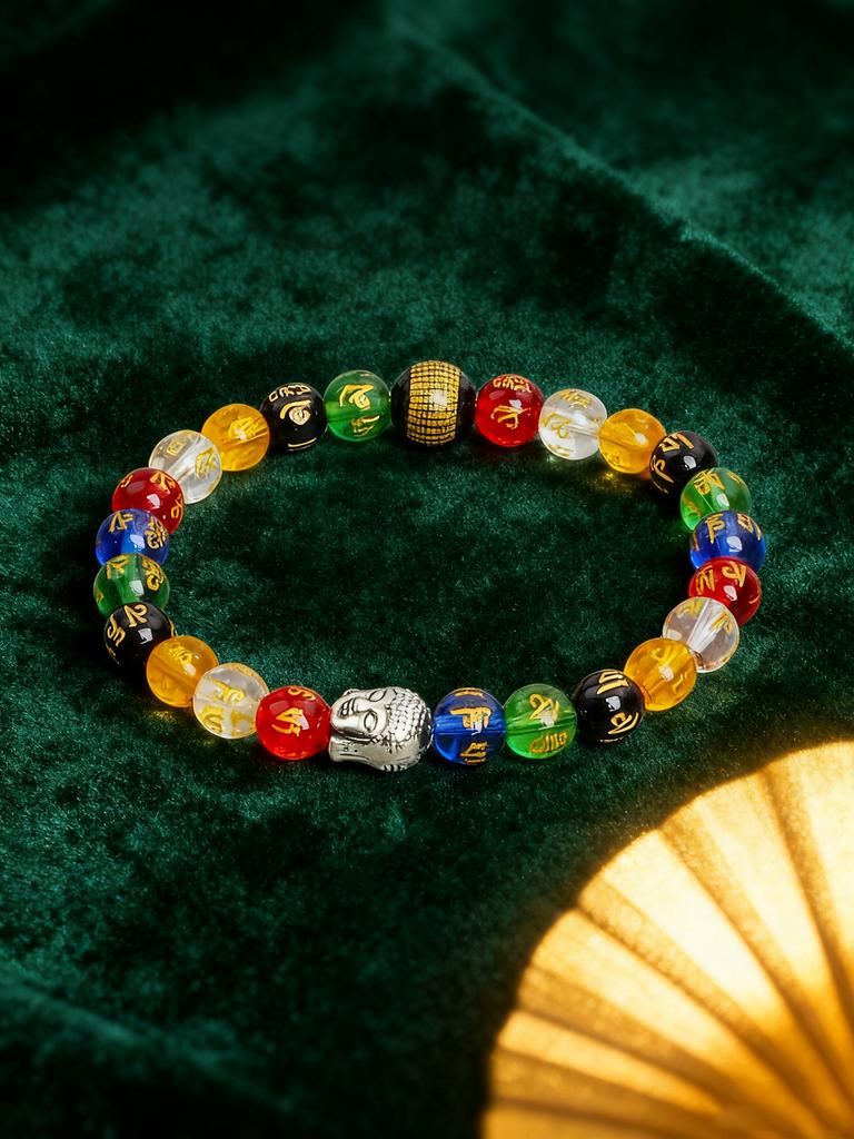 Colorful Crystal Six Syllable Mantra Beads Bracelet Natural Stone Prajna Paramita Heart Sutra Retro Buddha Head Energy Jewelry