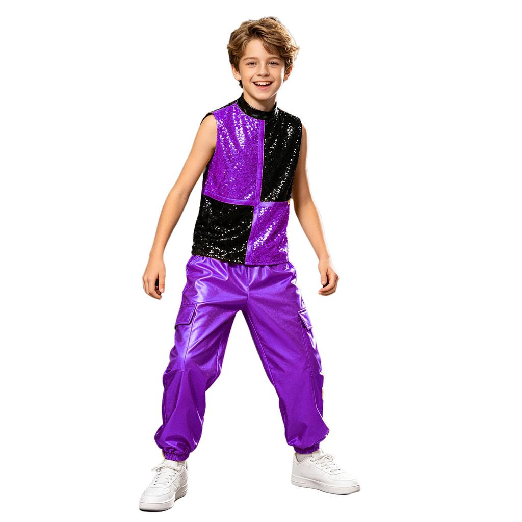 Boys Metallic Jazz Dance Costume Mock Neck Sleeveless Back Zipper Shiny Sequins Color Block Top Cargo Pants
