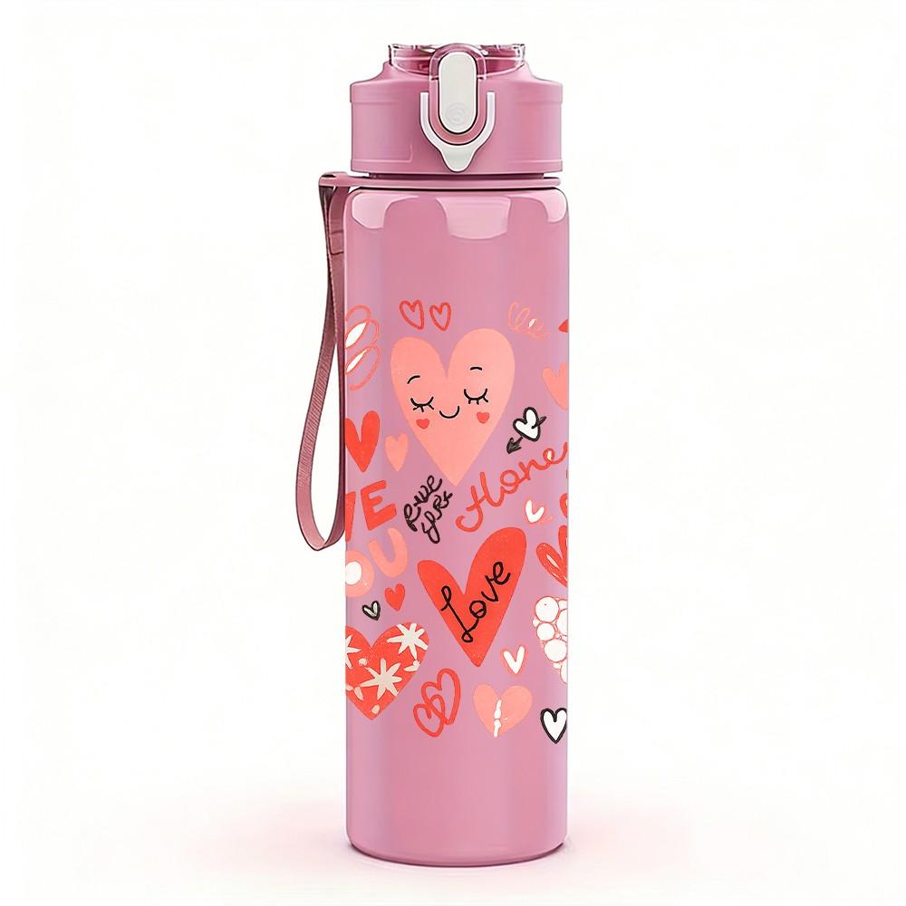 1PC Mixed Red Heart Love Pattern Print 750ml Color Plastic Sports Water Bottle Leakproof Flip Straw Lid Suitable for Sports Office Home Use