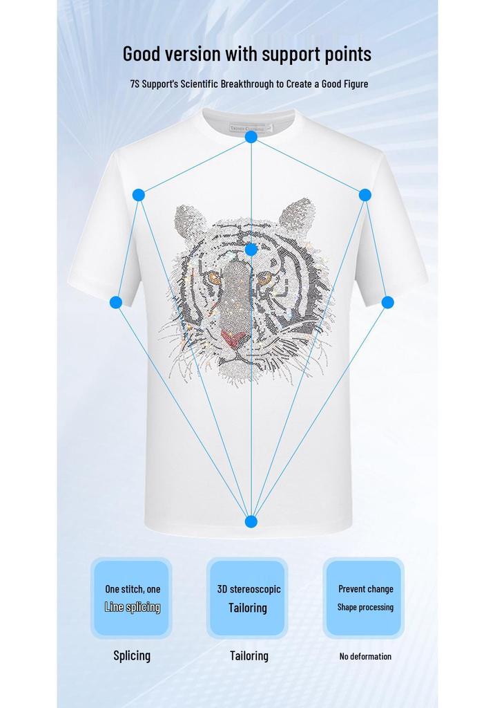 2026 Men's Slim Fit Short Sleeve T-Shirt with Rhinestone Tiger Head Design - Silk Cotton, Trendy, Plus Size Available