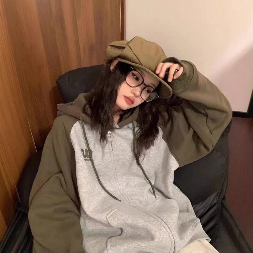 Women's Retro Color Block Patchwork Oversized Hoodie Jacket for Autumn