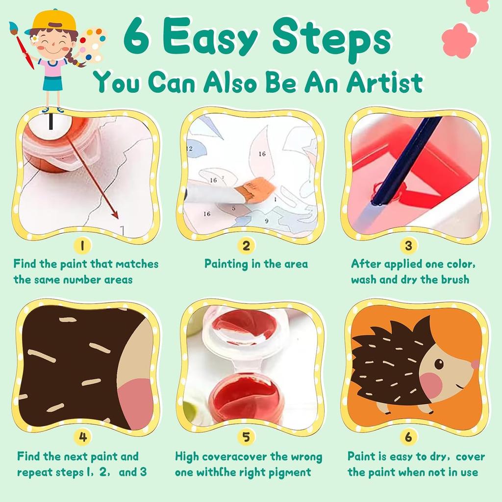 4 Pack Paint by Numbers Kit for Kids with Wooden Frame, Animals Easy Framed Paint by Numbers for Kids Age 4-8-12, DIY Simple Acrylic Oil Kids