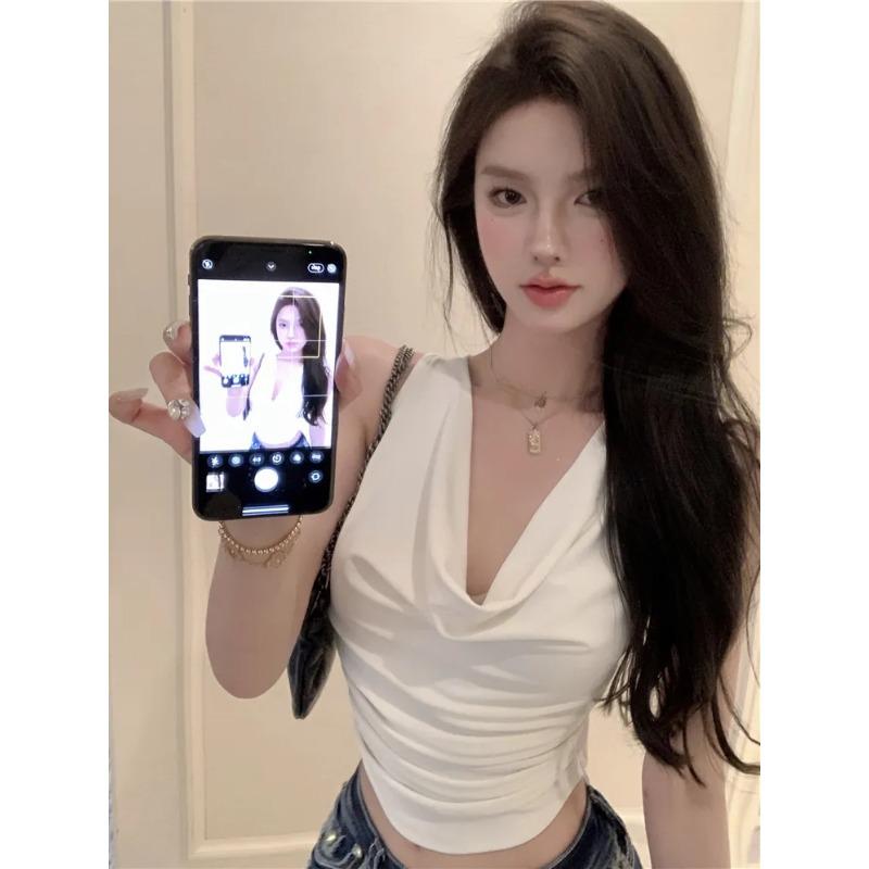 Ärmelloses Crop-Top mit Schalkragen für Damen, schmal geschnitten, lässige Sommerweste