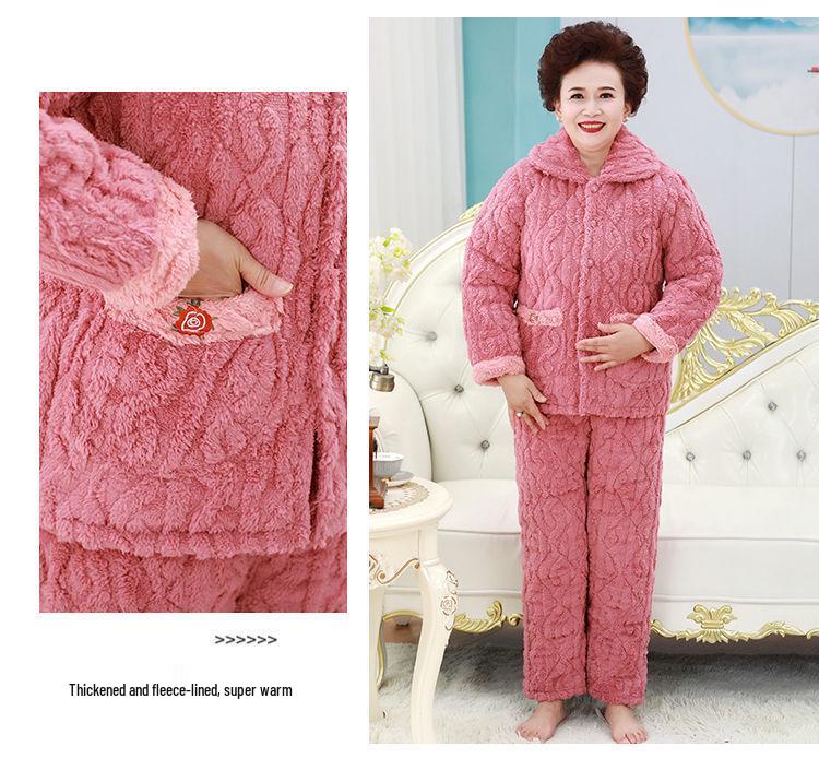 Three-Layer Fleece-Lined Quilted Winter Pajama Set for Elderly Women - Warm Coral Fleece Home Wear & Outerwear