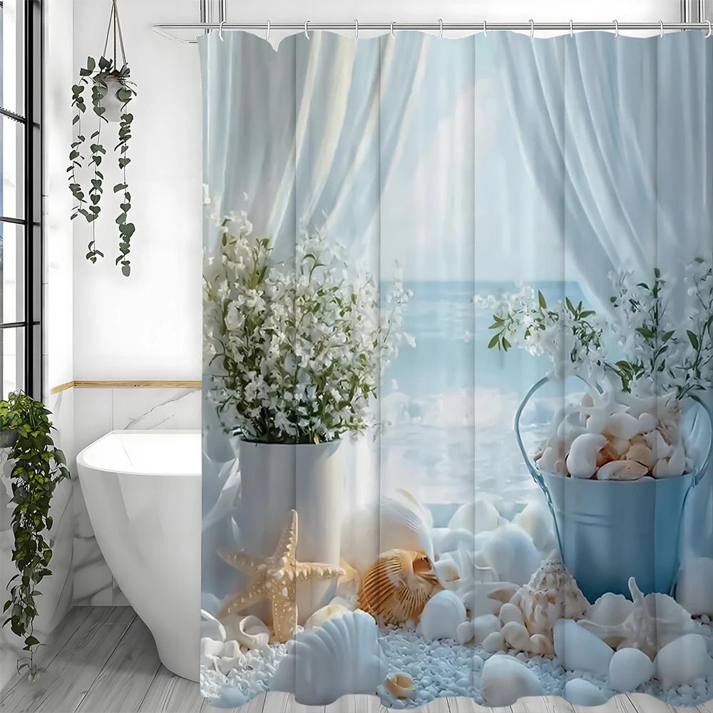 Ocean Beach Shell Starfish Floral Shower Curtain, Bathroom Decorative Shower Curtain, Waterproof Shower Curtain With Hooks W60H190(CM)-1 Pcs