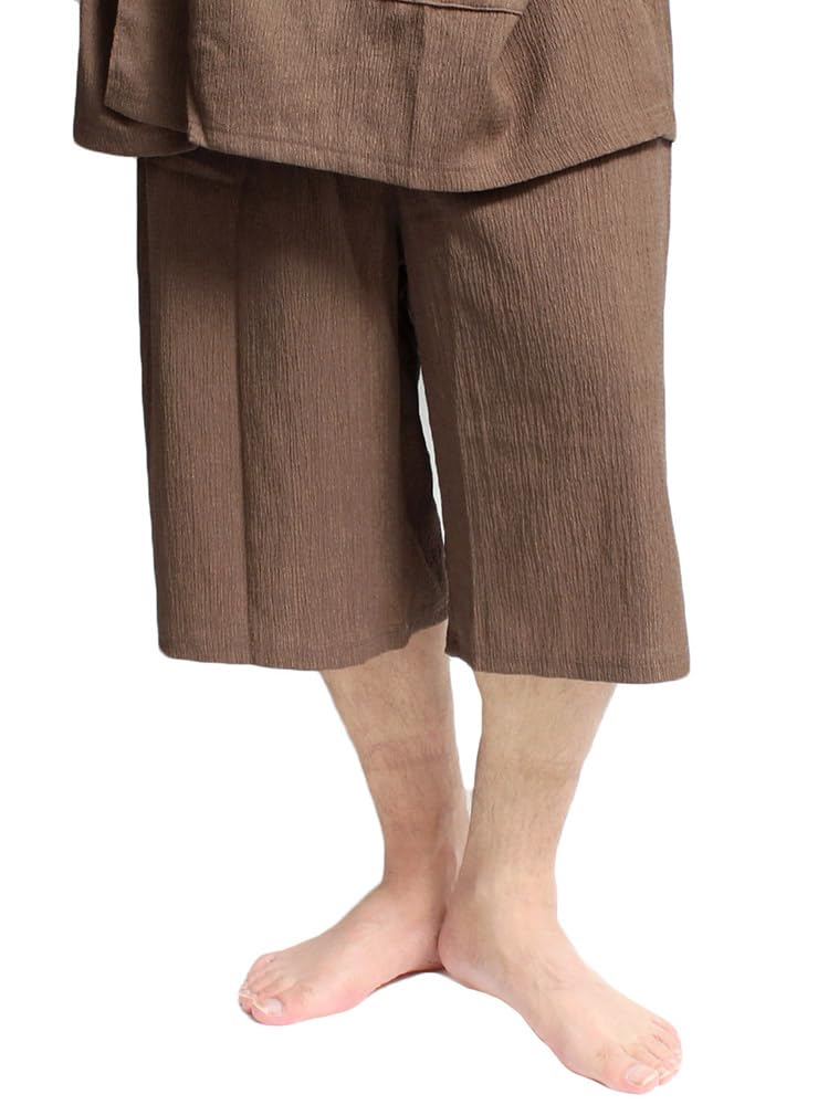One Colors Men's Jinbei Pajama Set, Japanese Pattern, Top and Bottoms, Solid Shijira Weave, Cool and Comfortable, Size L, Mocha