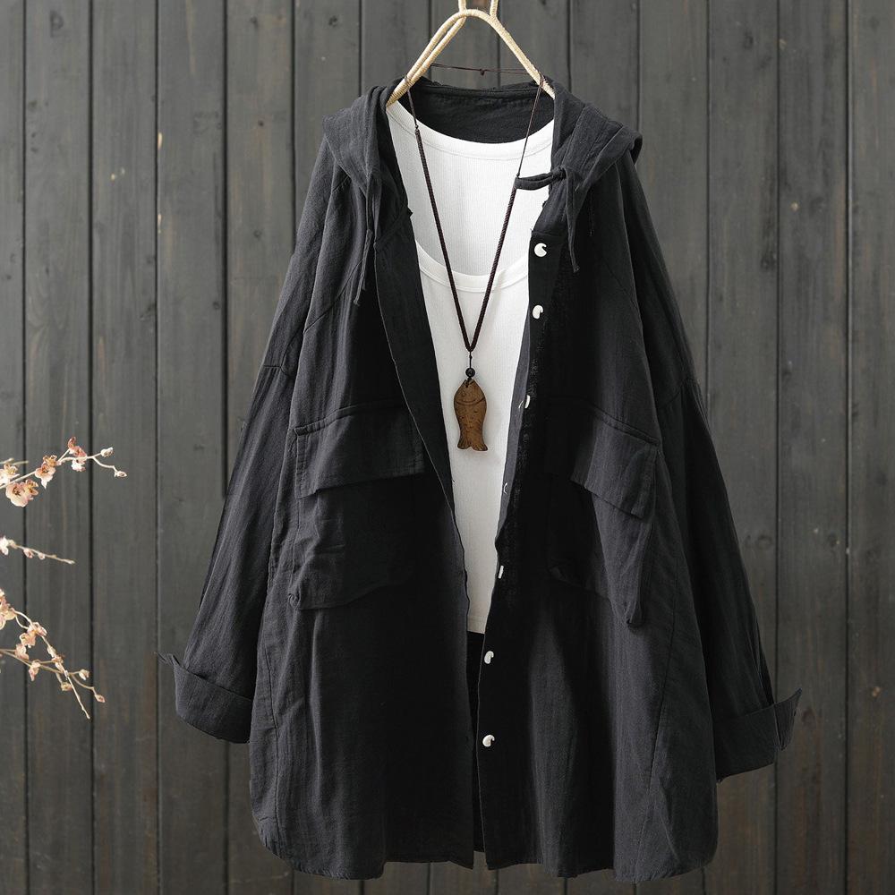 Cotton Yarn Hoodies Cardigan for Women Spring Japan Style Hooded Short Long Solid Shirts and Blouse Big Size Tops