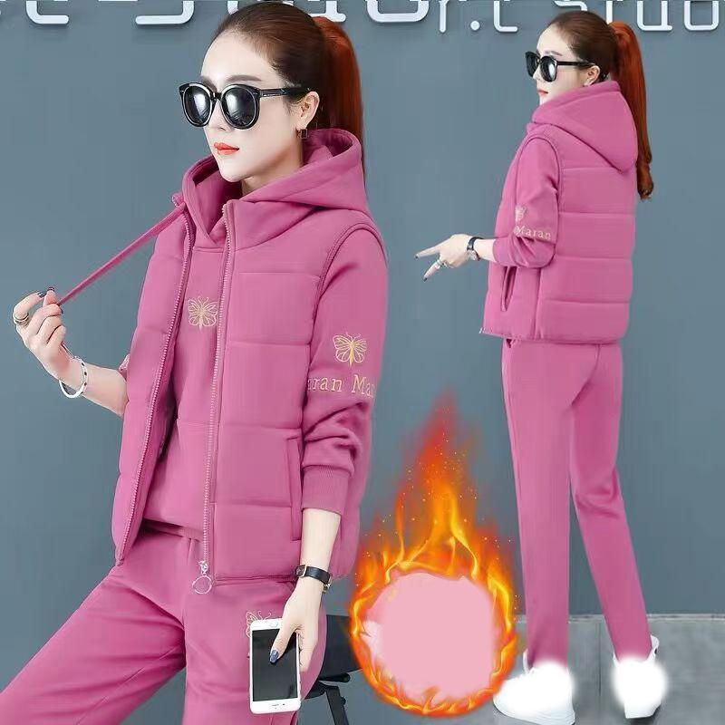 Women's Winter Autumn Thick Vest + Warm Outfit Loose Hooded Tracksuit + High Waist Pant Suits Plush Lined Sweatshirts Women 3 Pieces Sets