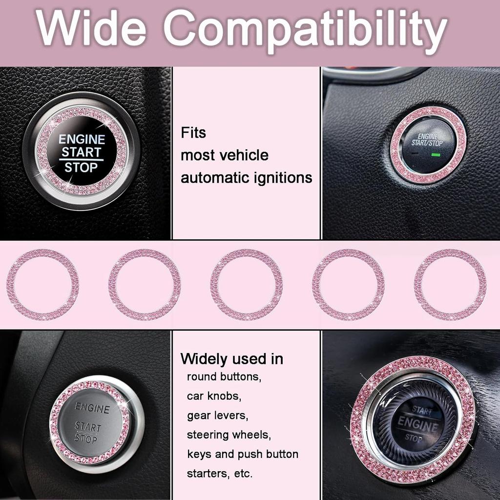 2 Pack Car Engine Start Stop Decoration Ring Pink, Crystal Decorative Ring Sticker Car Interior Accessories for Women, Automotive Pushbutton Switches