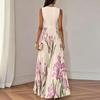 Maxi abito senza maniche con stampa floreale, gonna plissettata e scollo quadrato per donna, stile casual elegante