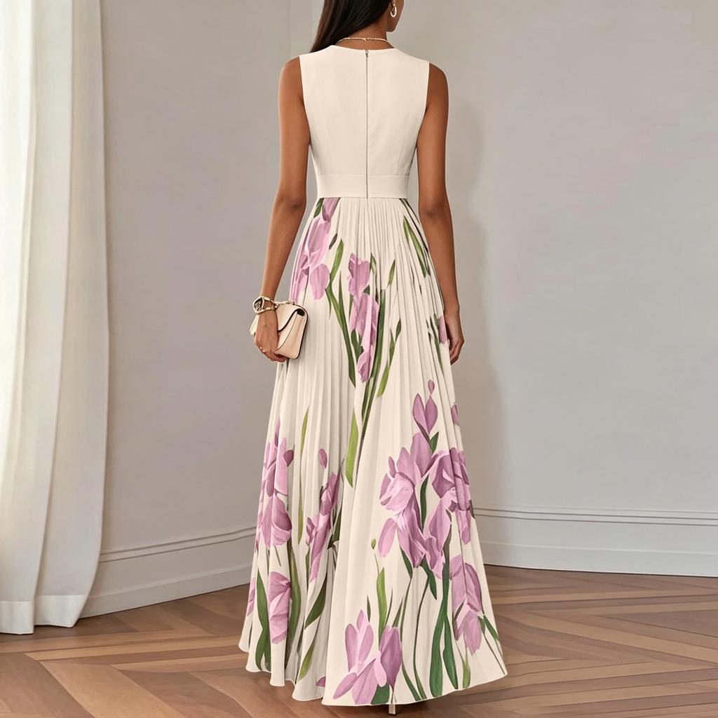 Maxi abito senza maniche con stampa floreale, gonna plissettata e scollo quadrato per donna, stile casual elegante