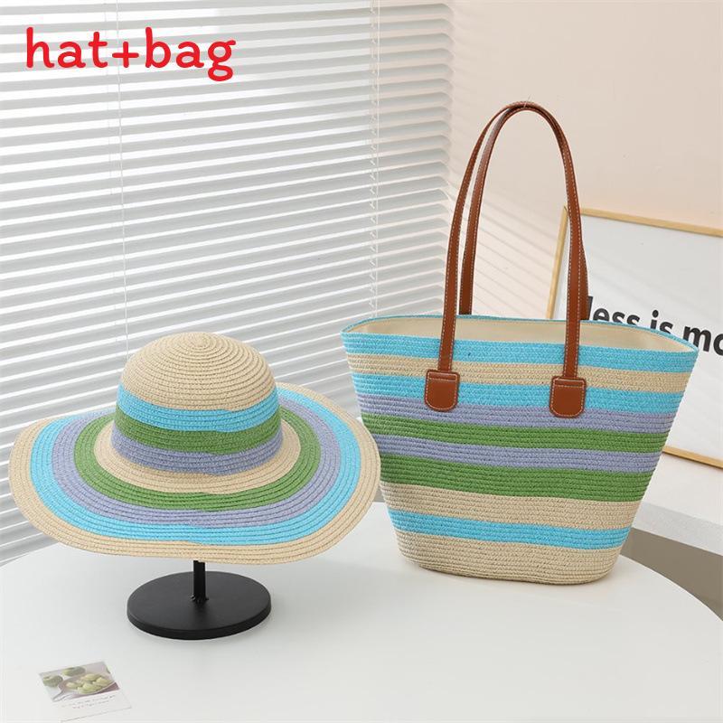 Woven Sun Hat And Large Capacity Straw Tote With Striped Pattern For Travel And Casual Wear