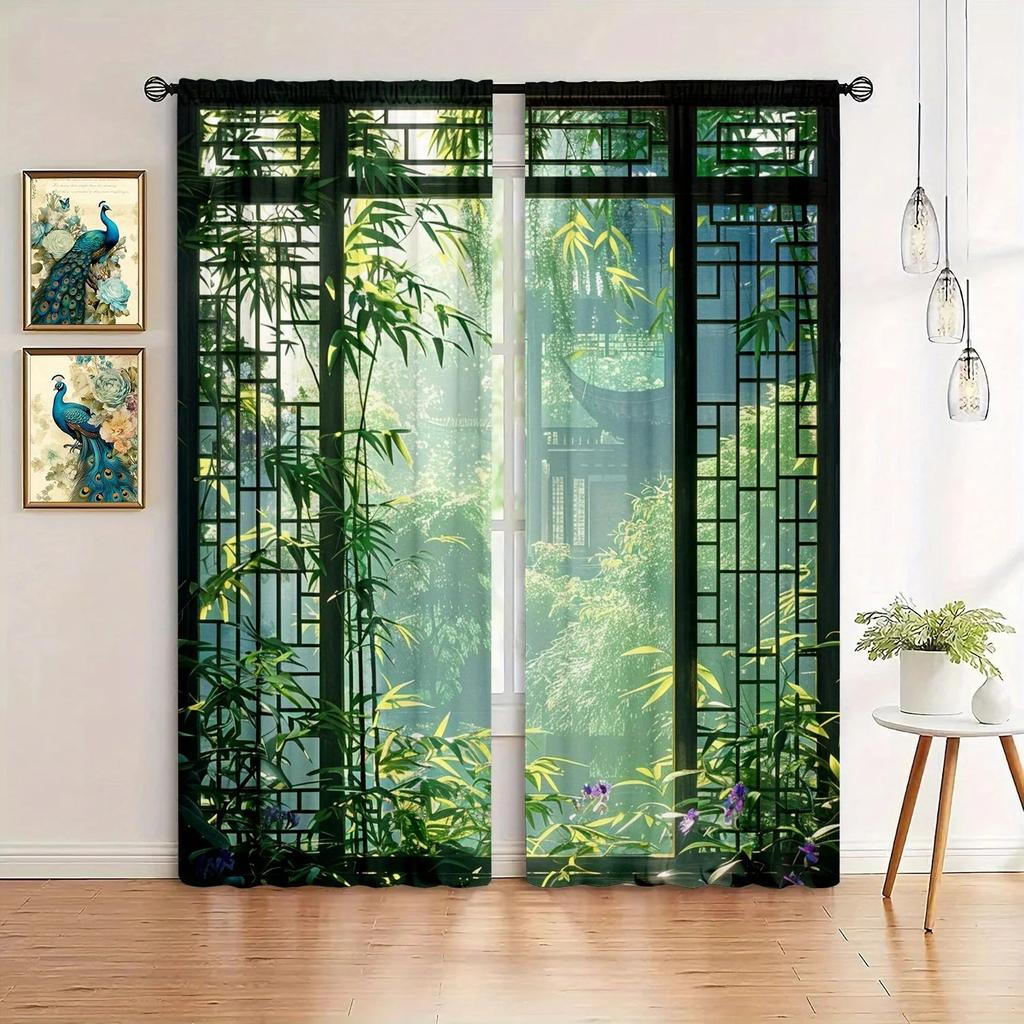 2pcs Verdant Bamboo Curtain  Rod Pocket  Drapes   Privacy Window Treatment   Living Room Decor  Holiday Window Decor   Nature Home De