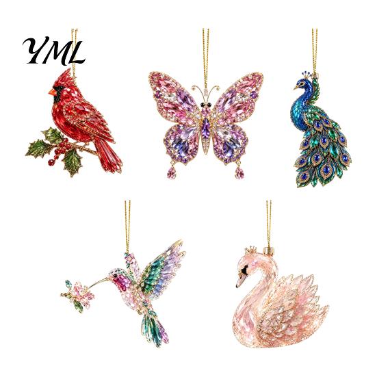 Acrylic Christmas Ornament Faux Crystal Animal Ornament, Flat Print Hanging Decor Tree Decoration for Tree, Butterfly/Peacock/Bird/Swan Holiday