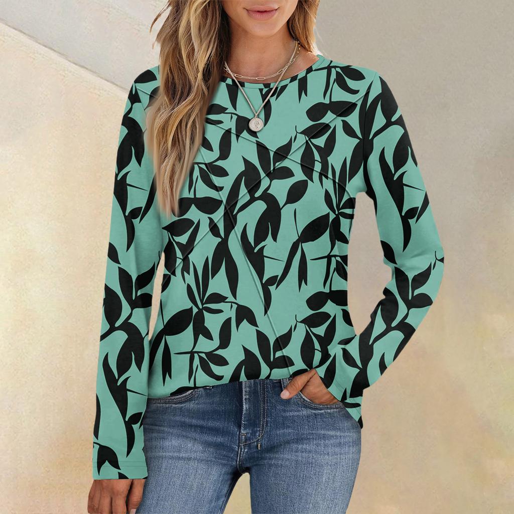 Mote Dame Langermet Rund Hals Casual Plissert Retro Blomstret Løs Topp