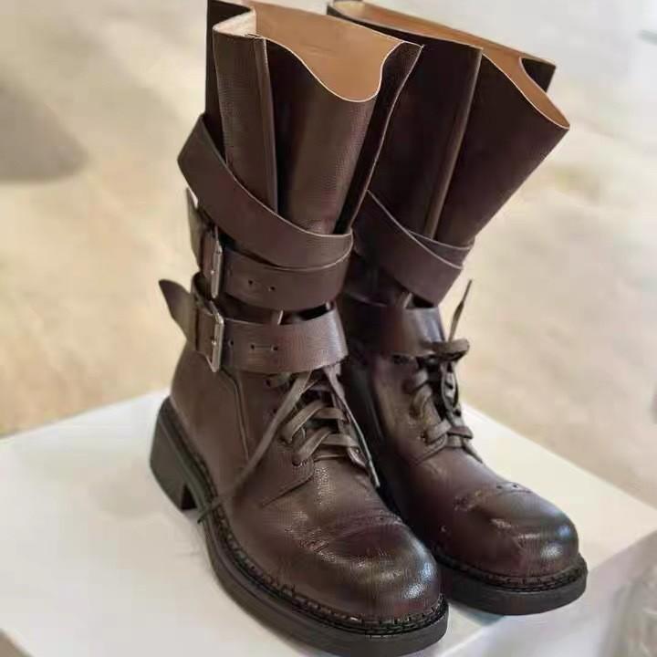 

Cowhide version~ retro niche belt buckle locomotive boots medium boots knight boots women s autumn and winter thick heel western Martin boots 40 коричневый