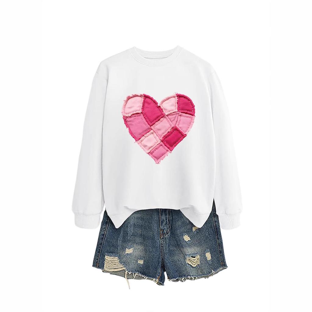 Pink Heart Flocking Women's Casual Round Neck Long Sleeve Hoodie