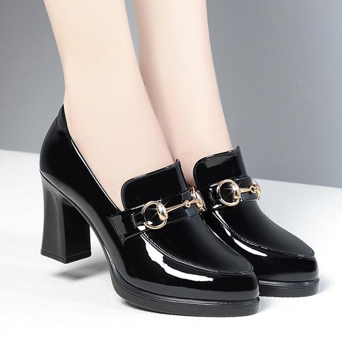 Women High Heels Platform Pumps Spring Autumn New Fashion Metal Buckle Black Office Shoes Woman Soft Leather Shoes Femme