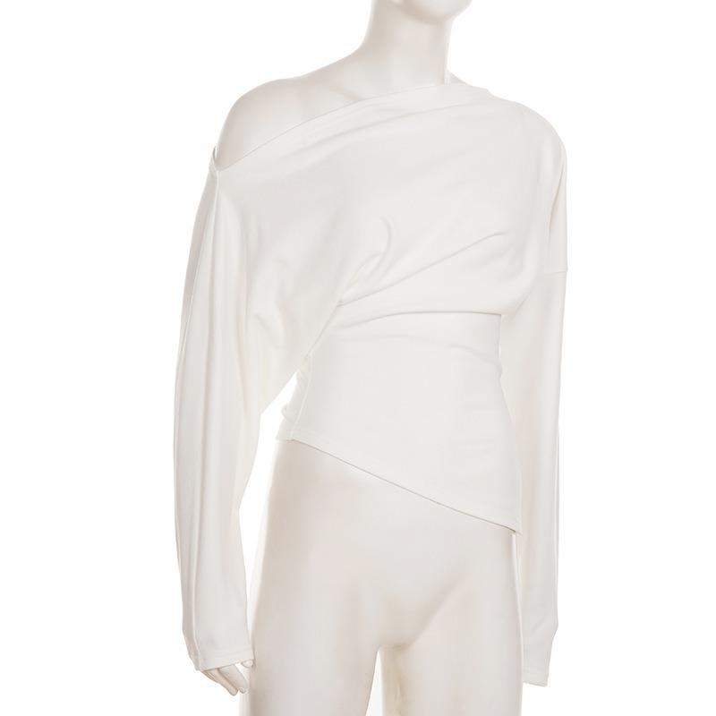 Off Shoulder Solid Long Sleeve Irregular Thermal T Shirt For Women
