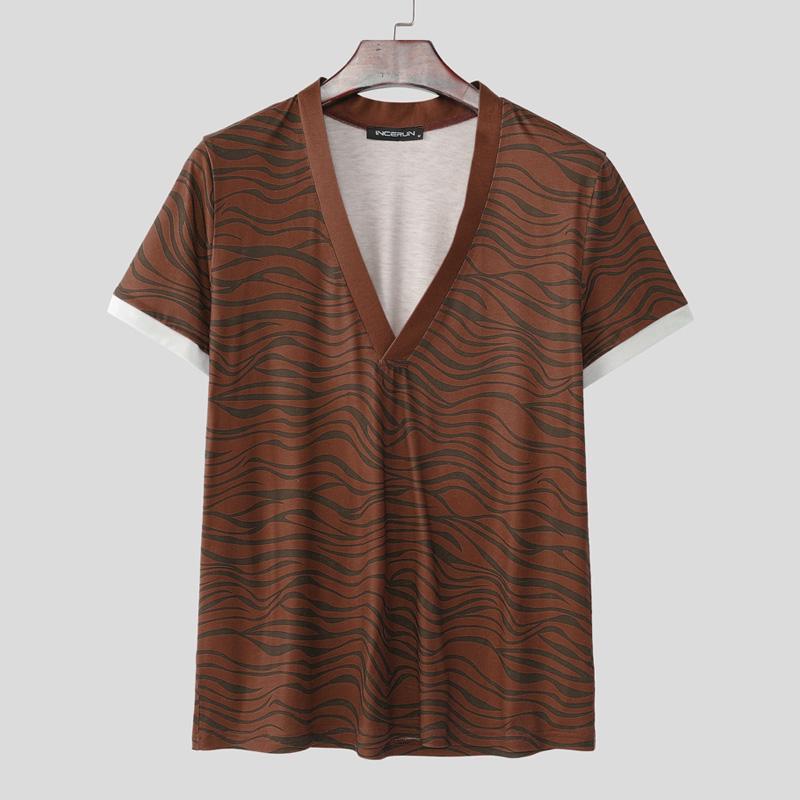 

INCERUN Summer Deep V Neck Short Sleeves Striped Print Slim Men Tops Tee 3XL коричневый