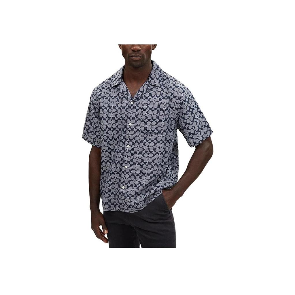 Coach SS24 Printed Single-Breasted Cuban Collar Short Sleeve Shirt Men Shirts Blue C7812-BLU