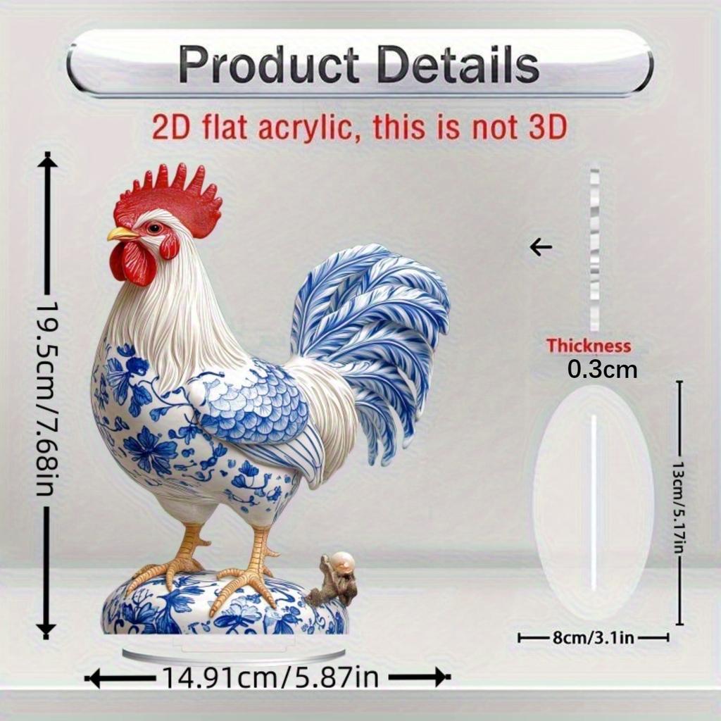 Boho Modrobílý Květinový Akrylový Kohout, 2D Efekt Vitráže pro Domácí Kancelář Zahradu, Ideální Dárek na Vánoce Velikonoce Díkůvzdání Halloween