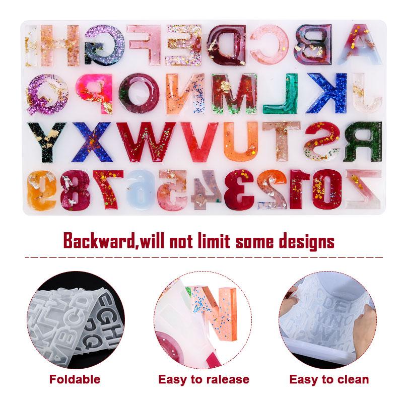 Alphabet Epoxy Resin Mold Kit Ornament Backward Letter Resin Silicone Mold Drill Number Mould For Keychain Making Jewelry DIY