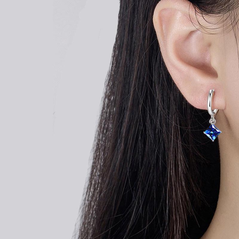 Copper Hoop Dangle Earrings with Deep Blue Square CZ and Four-Prong Setting
