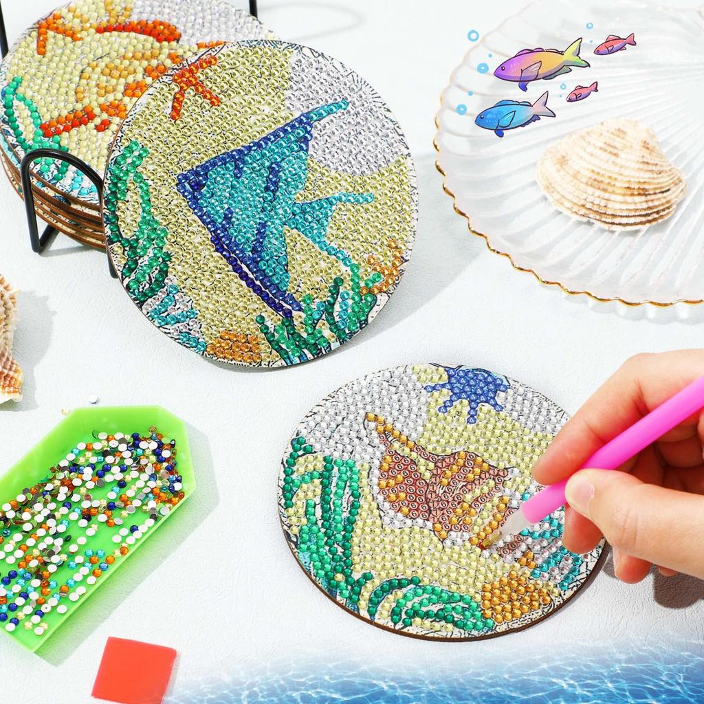 JANLOFO Diamond Art Coasters, Cork Diamond Art Kit, Beginner Diamond Painting Kit, 8-Piece Set, Easy DIY Diamond Beads, Beginner Diamond Painting Kit