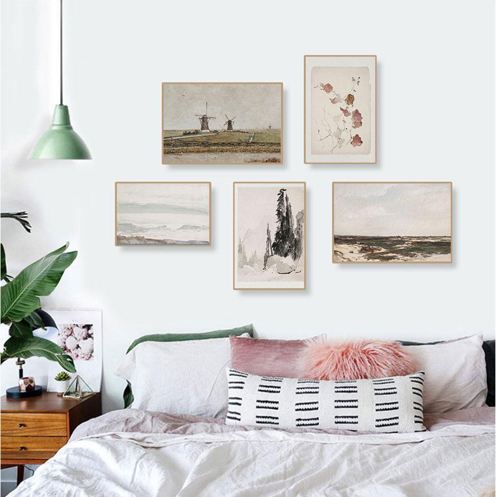 Vintage Neutral Tone Poster Watercolor Sketches Art Print French Country Canvas Oil Painting Wall Picture Living Room Home Decor