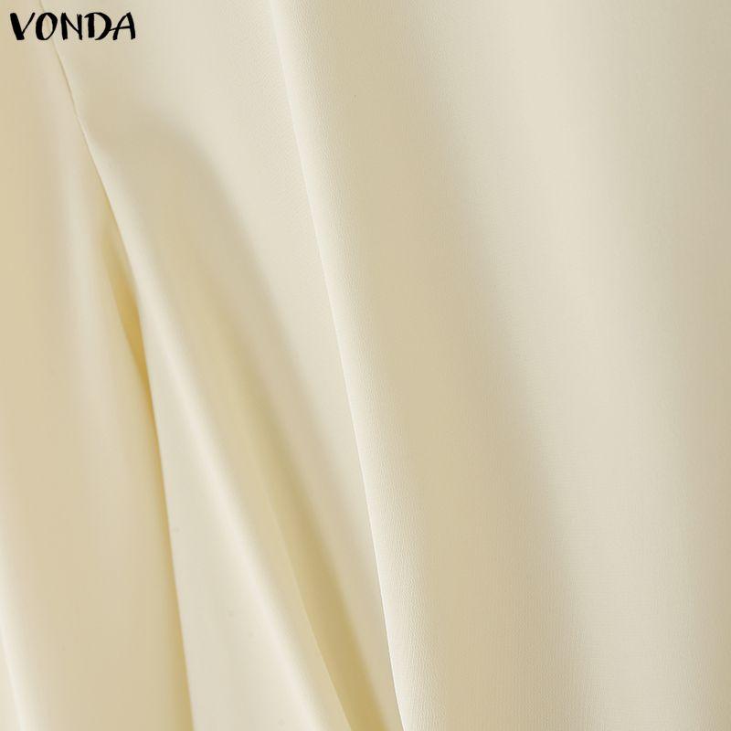 VONDA Elegant Women Round Neck Long Sleeve Side Ruffled Casual A-line Dress