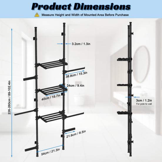 4-Tier Over The Toilet Storage Shelf, Adjustable Standing Bathroom Organizer, Heavy Duty Above Behind Toilet Laundry Space-Saving Shelving for Small