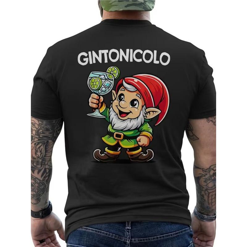 Men's Gintonicolo Gin Lover T-Shirt | Black with Red Gnomon Print on the Back, Perfect for Bartender Enthusiasts, Italian-Themed, Machine Washable