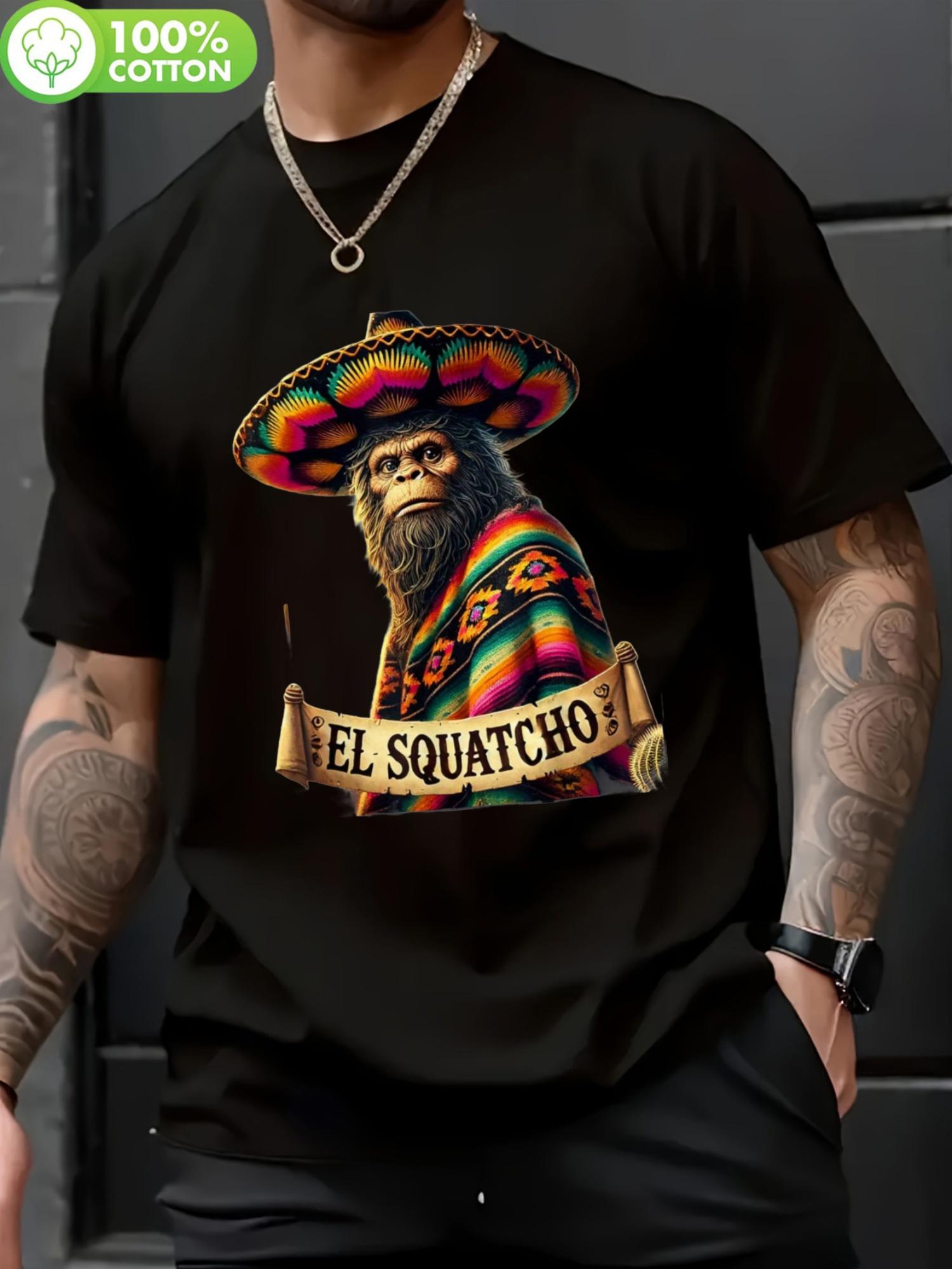 100% Cotton T-shirt - Black with Colorful Monkey El Squatcho Graphic S
