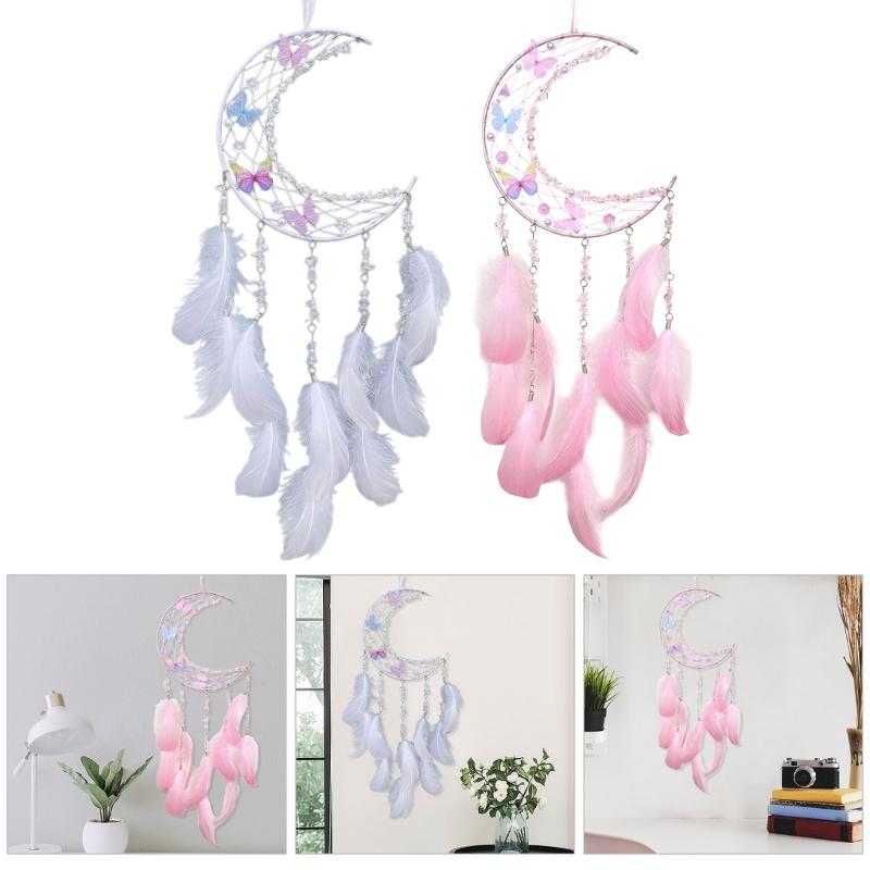 Woven Moon Shape Dreamcatchers with Crystal Wall Art Handmade Butterfly Feathered Tassels Wall Hanging Ornament Decors