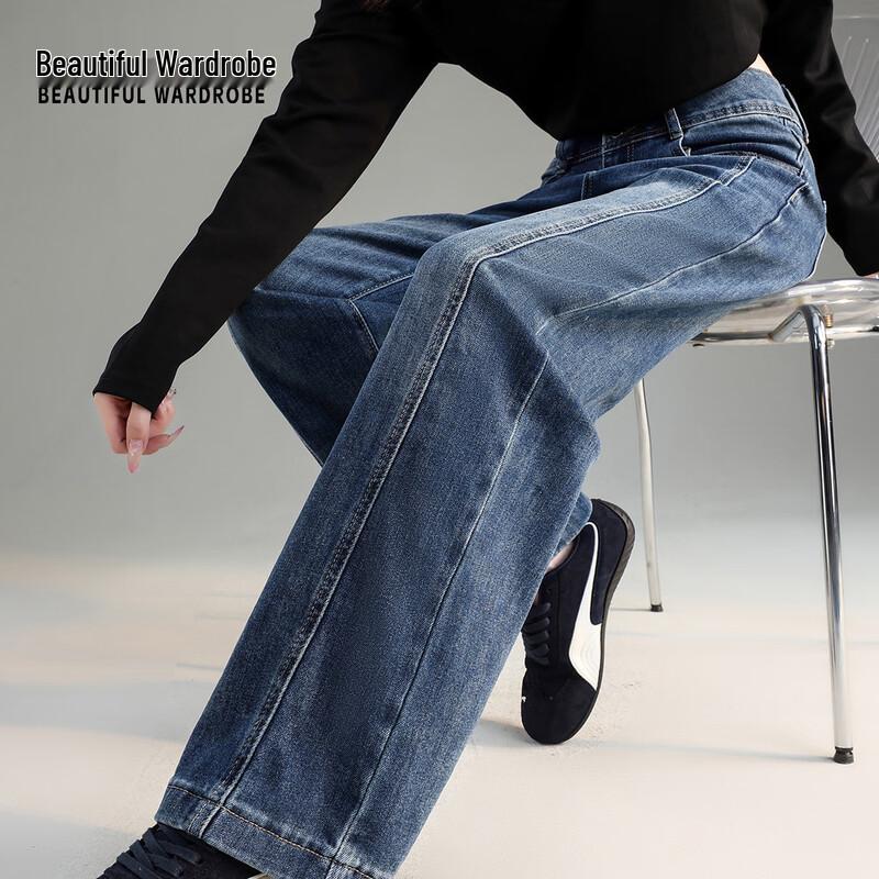 Beautiful Wardrobe Women's American High Street High-Waist Double-Button Straight-Leg Jeans