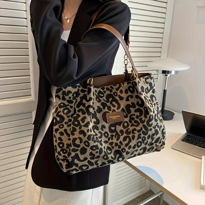 Leopard Pattern Tote Bag, Vintage Canvas Shoulder Bag, Fashion Handbag For School Work Shopping