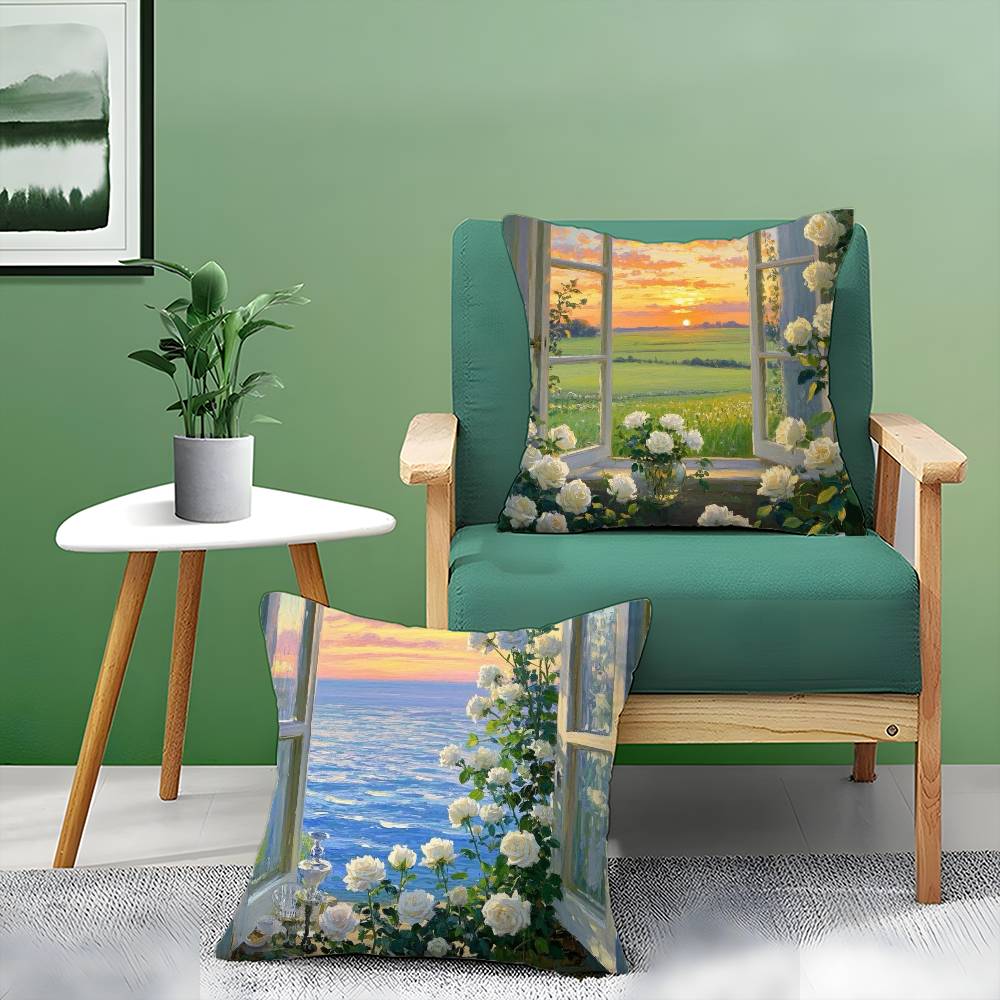 Hand-painted Iandscape Oil Painting Pillow Case Comfort Sofa Bed Silky Elegant Invisible Zipper Decorative Cushion Cover