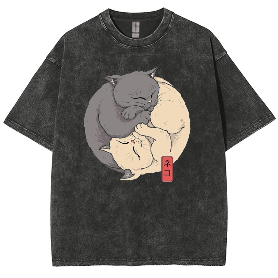 

Японский принт «Два кота» Женская стираная футболка свободного покроя из хлопка с короткими рукавами Милый топ в стиле аниме для студентов на каждый день XL