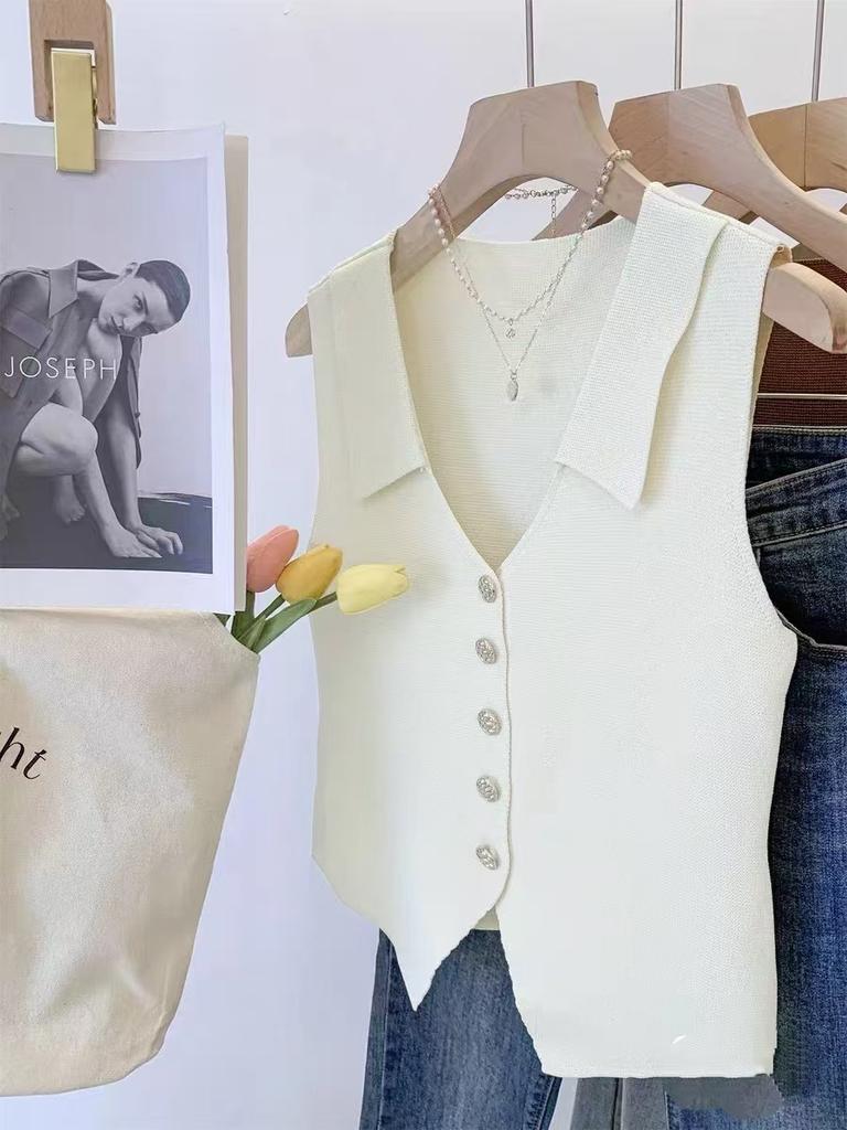 Vest French V-neck Single Breasted Sleeveless Slim Knitted Vest For Women