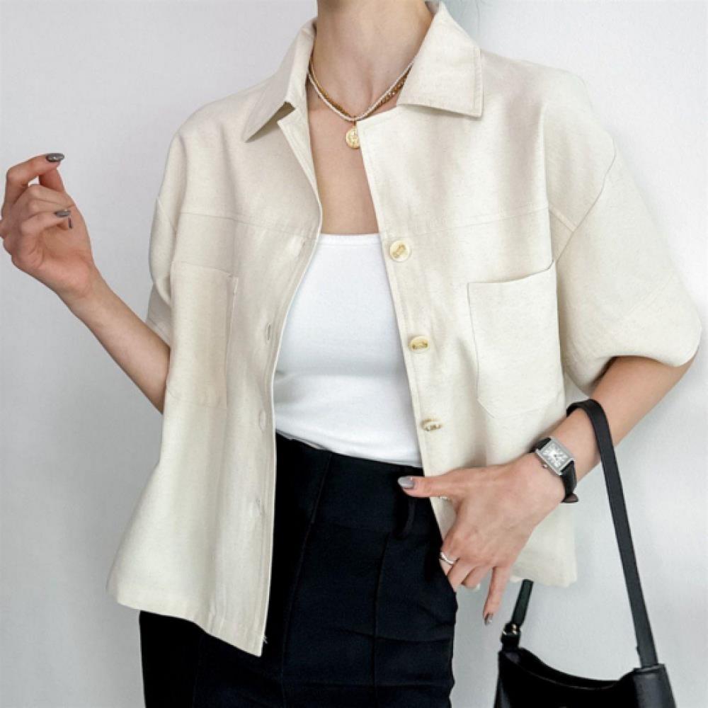New Arrivals Open Run Women Puff Sleeve Short Sleeve Linen Back Split Shirt