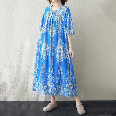 Kurzarm Plus-Size-Baumwolle im Vintage-Stil mit Blumenmuster, neu in Kleidern für Damen, lässiges, lockeres, langes Sommerkleid