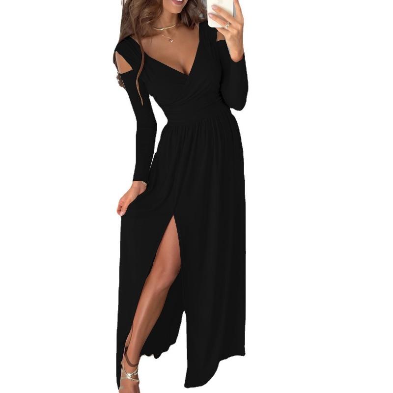 New Long Sleeved Off Shoulder V-neck Party Dress Spring Autumn Solid Color Hem Split A-line Loose Long Evening Dresses Casual Female Slim Fit Clothing