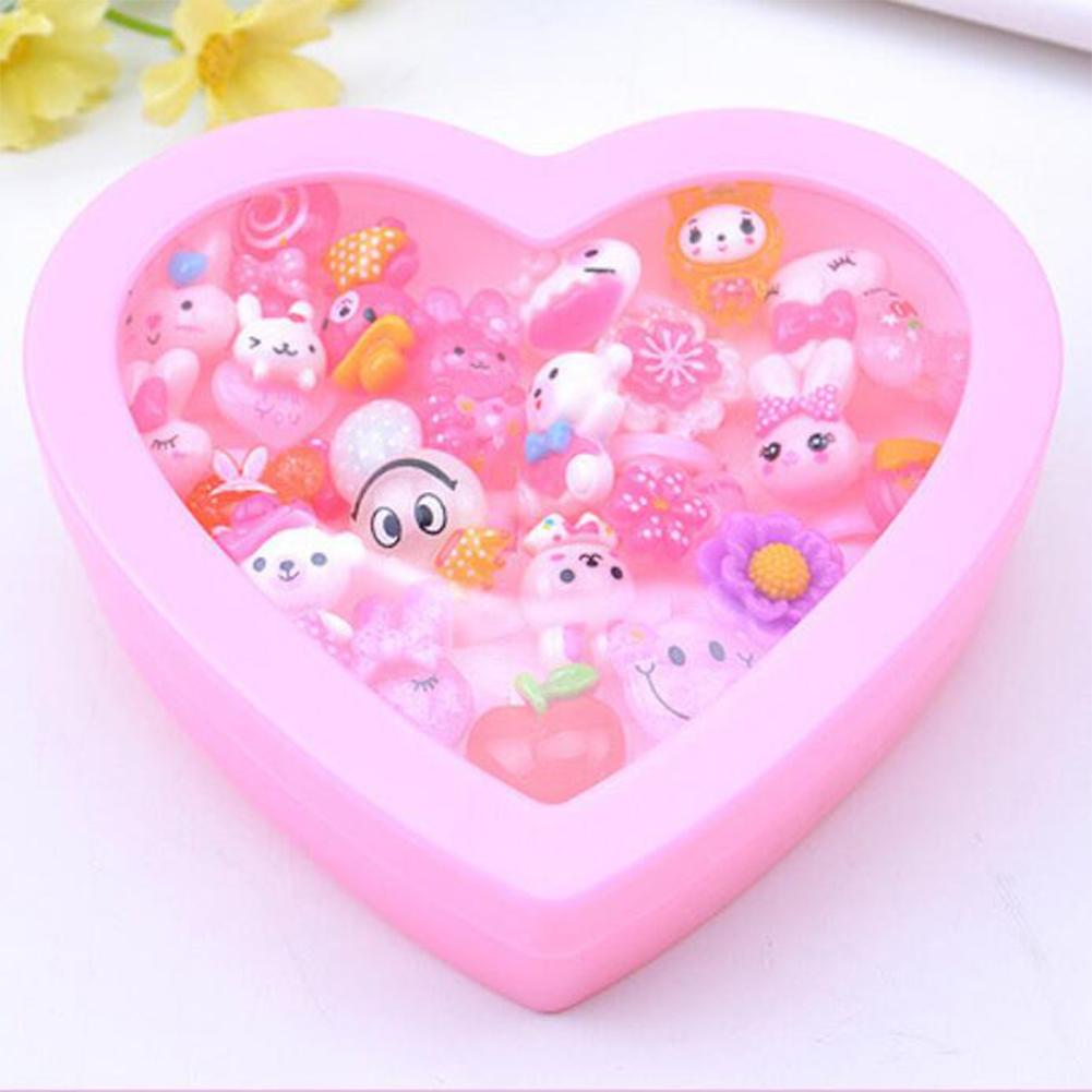 24Pcs Cute Adjustable Mixed Kids' Girls' Pink Animal Flower Fruit Polymer Resin Cartoon Rings Children' Jewelry with Heart-shape Gift Box