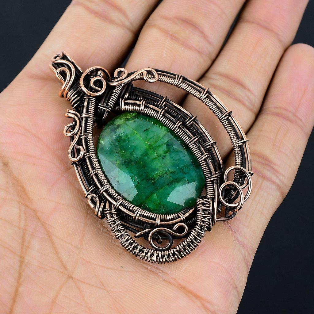 Emerald Pendant, 999 Copper Wire Wrapped Pendant Gemstone Jewelry, Handmade Pendant Amazing Jewelry, Gift For Her