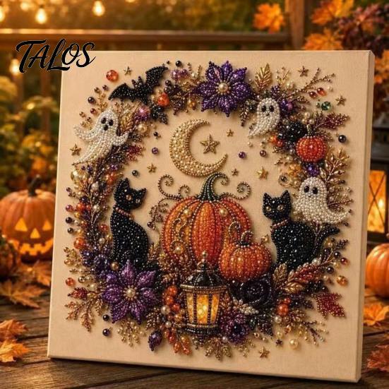 Decorative Hanging Pictures for Halloween Ghost Faux Pearl Art DIY Kit with Frame, Cat Painting Easy Projects Beginners Kit, 3D Witch Pumpkin