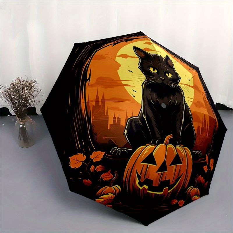 1pc Cat on a Pumpkin Halloween Automatic Opening and Closing Umbrella - Lightweight 3-Fold Design, Suitable for Fans, Travel, Daily Use - Of