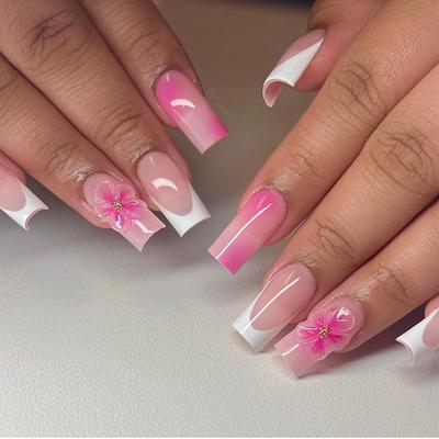French Manicure Patch, einfacher abnehmbarer Nagel, dreidimensionale Blume zum Tragen von Nägeln, zum Verwischen, Manikürestück, 24 künstliche Nägel